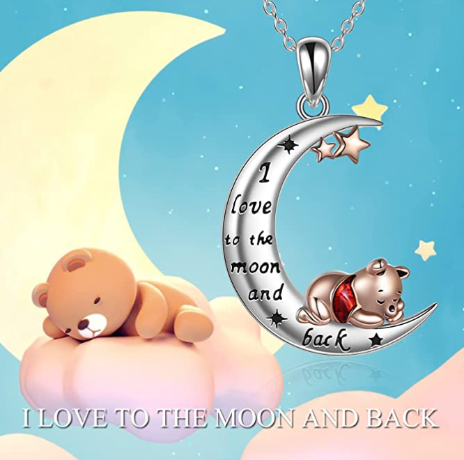 Bear Necklace Pendant Moon Star Bear Jewelry Women Mother Wife Girl Gift Rose Gold 925 Sterling Silver Chain 18in.