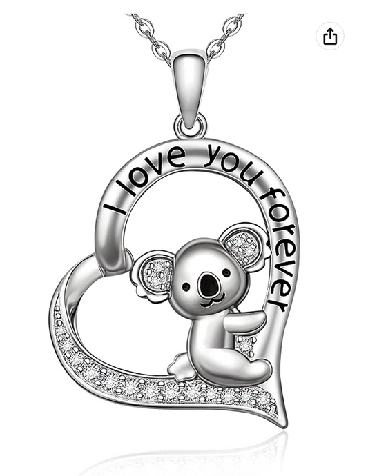Koala Bear Necklace Diamond Pendant Lover Heart Koala Bear Jewelry Women Mother Wife Girl Gift 925 Sterling Silver Chain 18in.