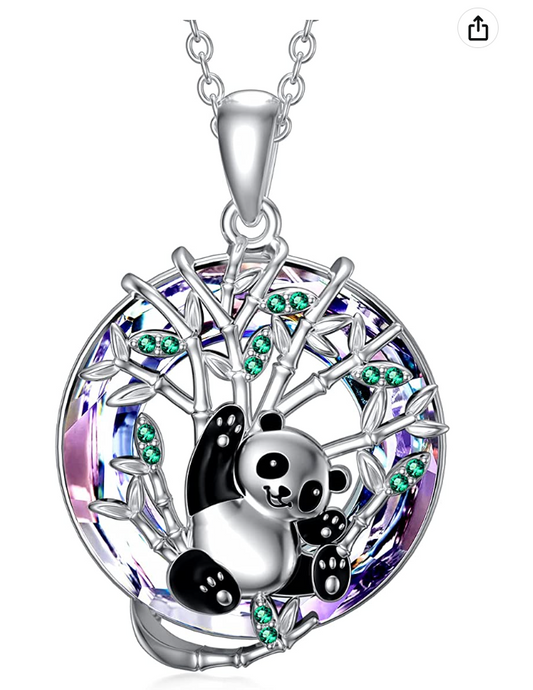 Panda Bear Tree Necklace Diamond Pendant Rainbow Lover Heart Panda Bear Jewelry Women Mother Wife Girl Gift 925 Sterling Silver Chain 18in.