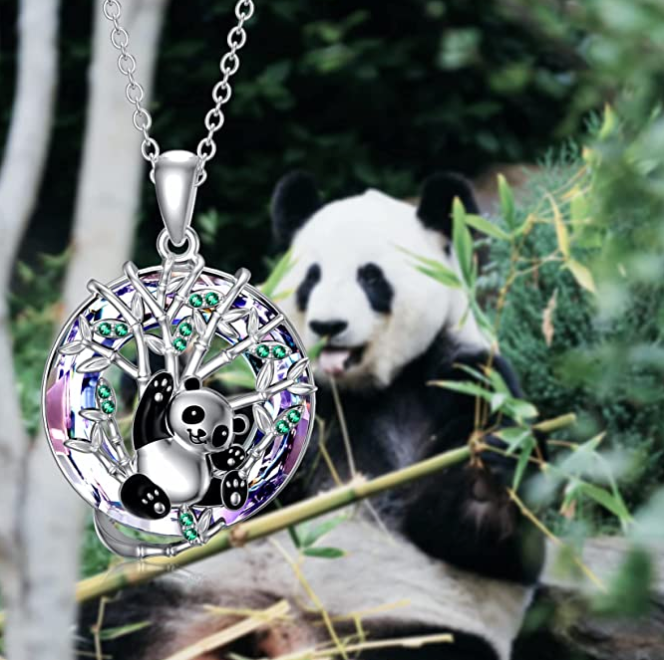 Panda Bear Tree Necklace Diamond Pendant Rainbow Lover Heart Panda Bear Jewelry Women Mother Wife Girl Gift 925 Sterling Silver Chain 18in.