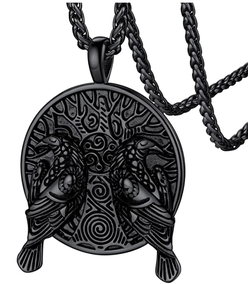 2 Ravens Tree of Life Necklace Pendant Celtic Raven Crow Bird Jewelry Love Heart Chain Viking Nordic Hunter Norse Gift Stainless Steel 24in.