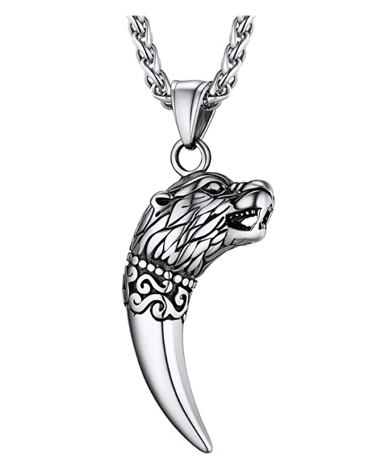 Wolf Tooth Head Pendant Necklace Wolf Tooth Chain Celtic Black Gold Jewelry Viking Nordic Hunter Norse Gift Stainless Steel 24in.