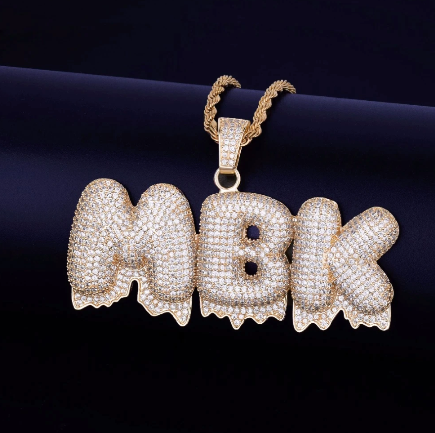 Custom Drip Bubble Letter Necklace Name Pendant Chain Gold Silver Diamond Hip Hop Jewelry #16
