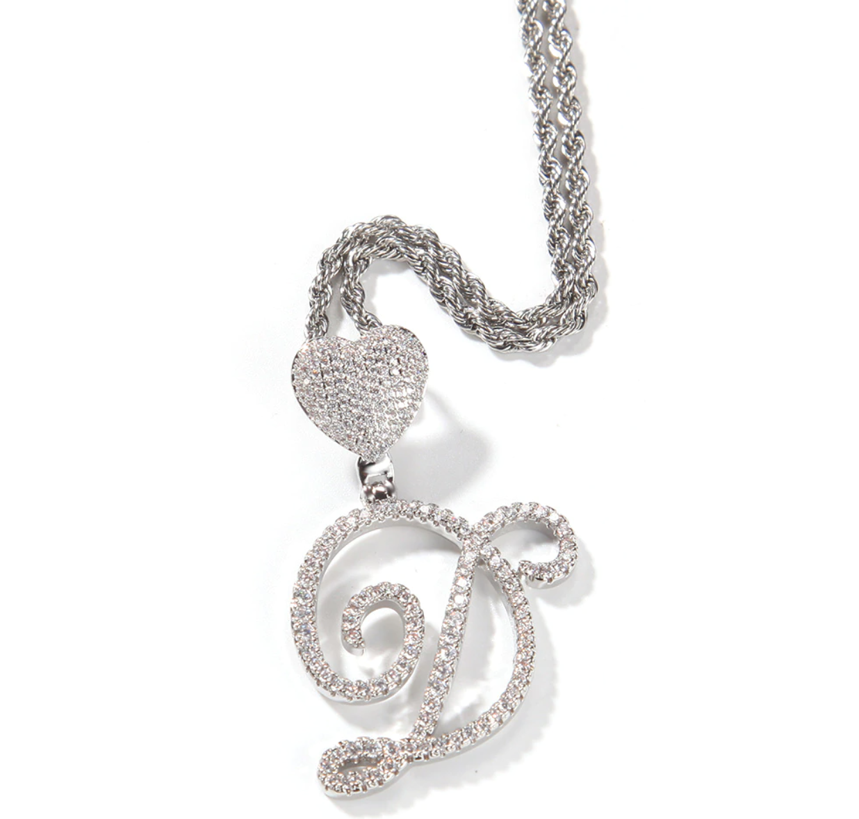 Custom Cursive Heart Letter Necklace Name Pendant Chain Gold Silver Diamond Hip Hop Jewelry #30