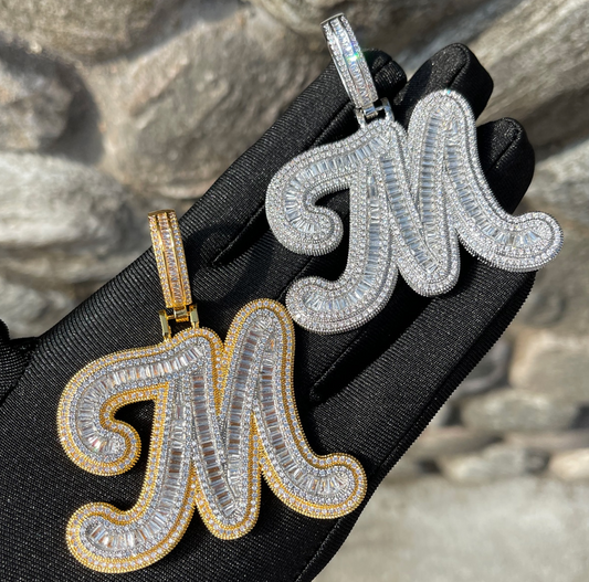 Custom Big Fancy Cursive Baguette Bubble Letter Necklace Name Pendant Chain Gold Silver Diamond Hip Hop Jewelry #43