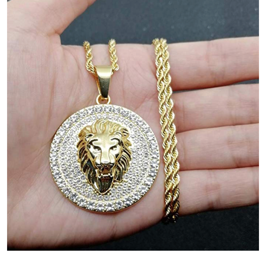 Lion Head Necklace Lion of Judah Chain Hebrew Israelite Jewelry Leo Silver Hip Hop Bling Gold Color Metal Alloy Simulated-Diamond 24in.