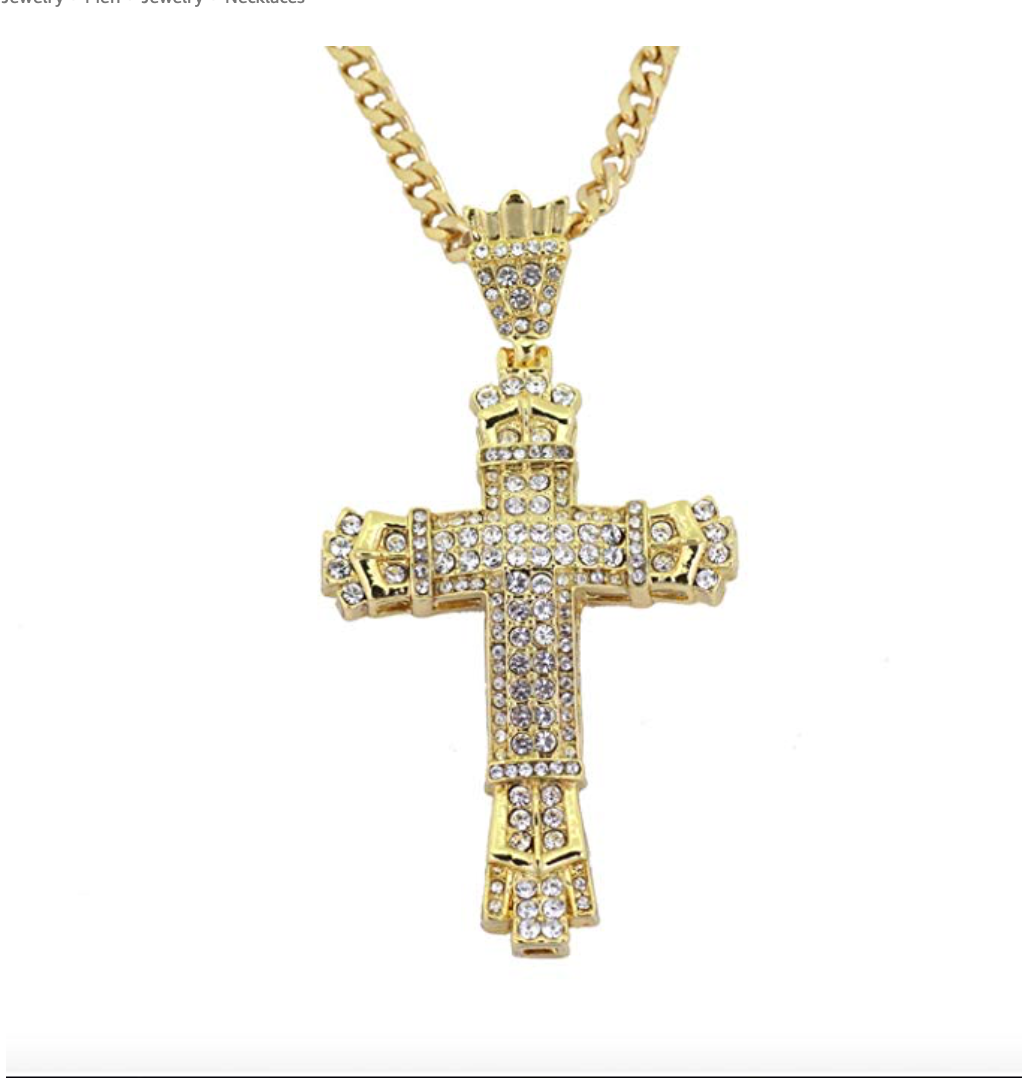 Cross Necklace Jesus Holy Cross Chain Hip Hop Simulated Diamond Cross Pendant Gold Color Metal Alloy 24in.