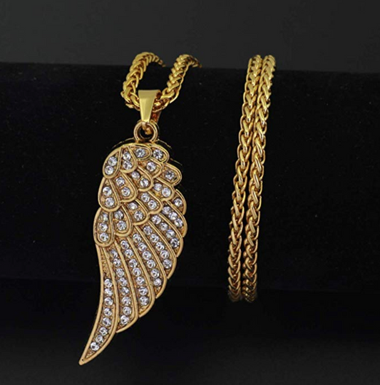 Feather Necklace Angel Wing Simulated Diamond Chain Hip Hop Jewelry Gold Silver Color Metal Alloy 24in.