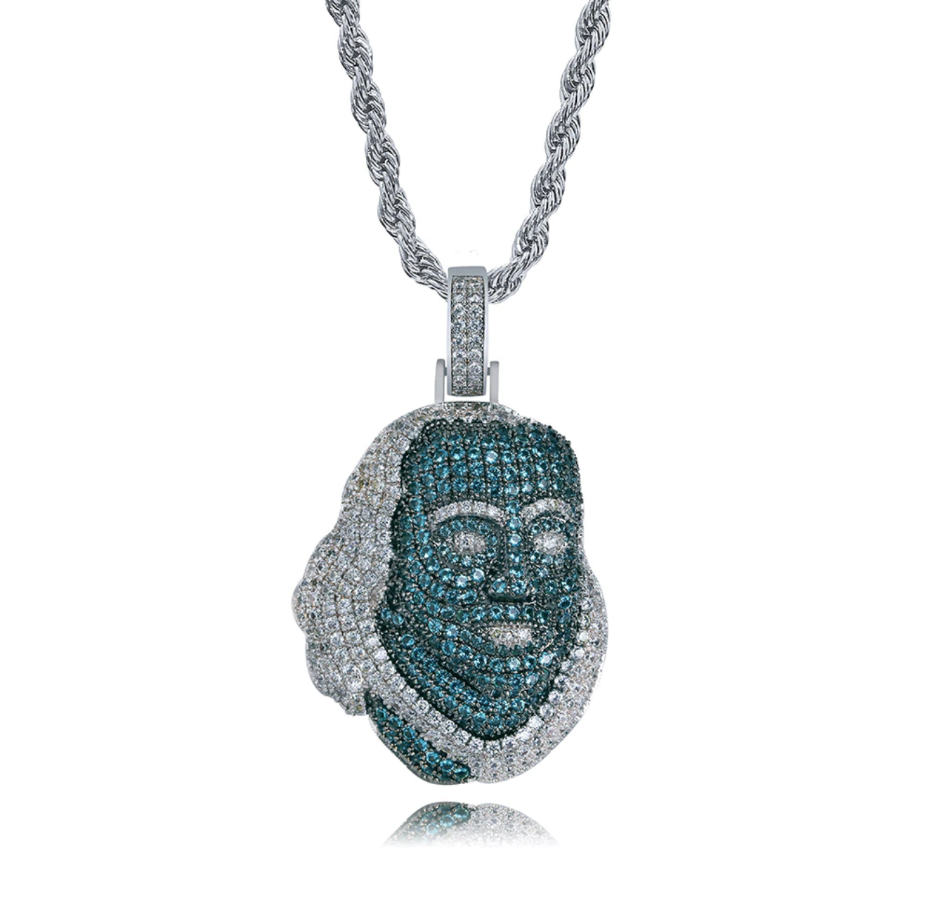 Benjamin Franklin Blue Diamond Chain Iced Out Blue Benjamin Face Necklace 24in.