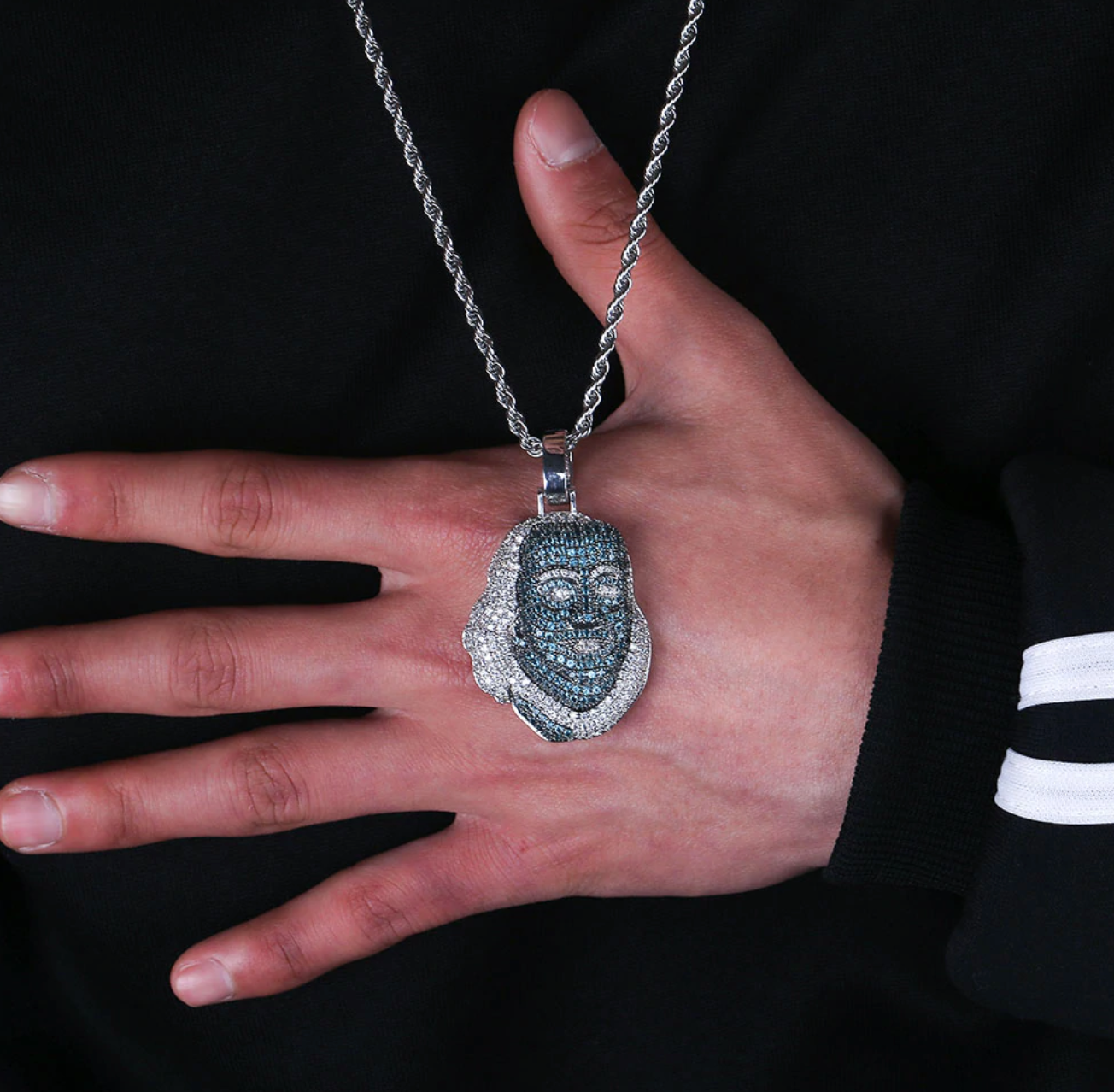 Benjamin Franklin Blue Diamond Chain Iced Out Blue Benjamin Face Necklace 24in.