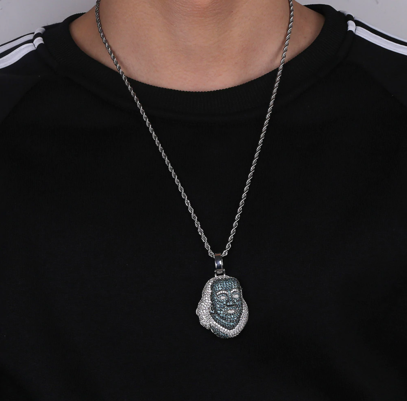 Benjamin Franklin Blue Diamond Chain Iced Out Blue Benjamin Face Necklace 24in.