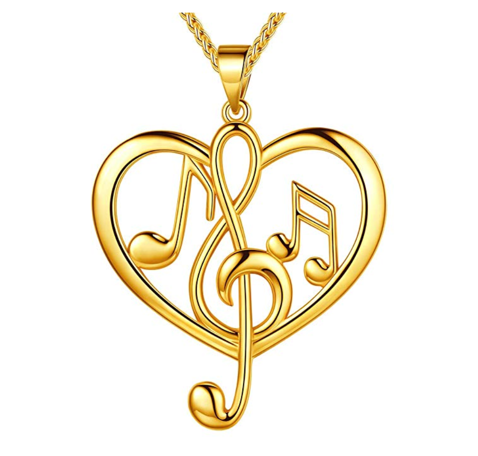 Heart Necklace Music Note Treble Clef Note Charm Musician Jewelry Singer Gift Gold Stainless Steel 20in.