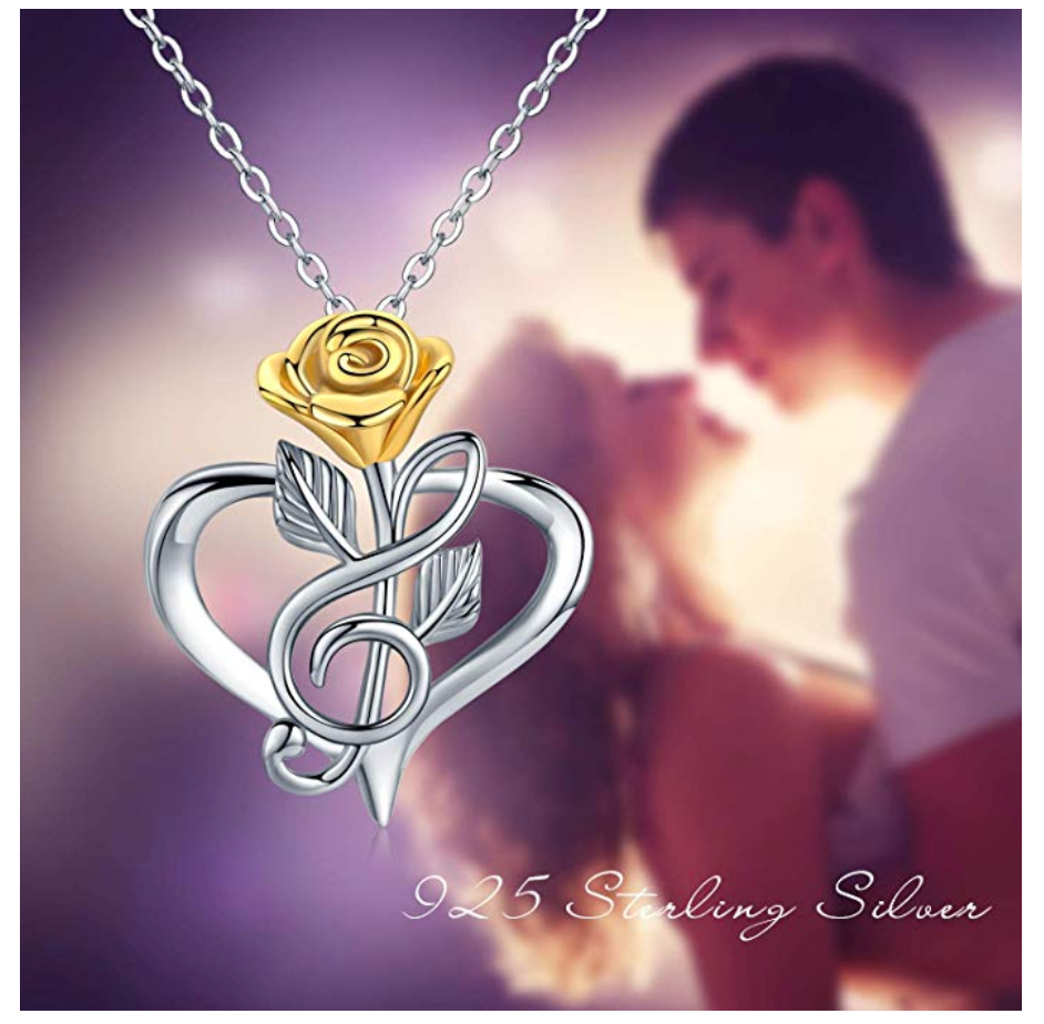 925 Silver Treble Clef Heart Music Note Necklace Musical Pendant Rose Flower Chain Singer Jewelry Mothers Day Anniversary Gift 20in.