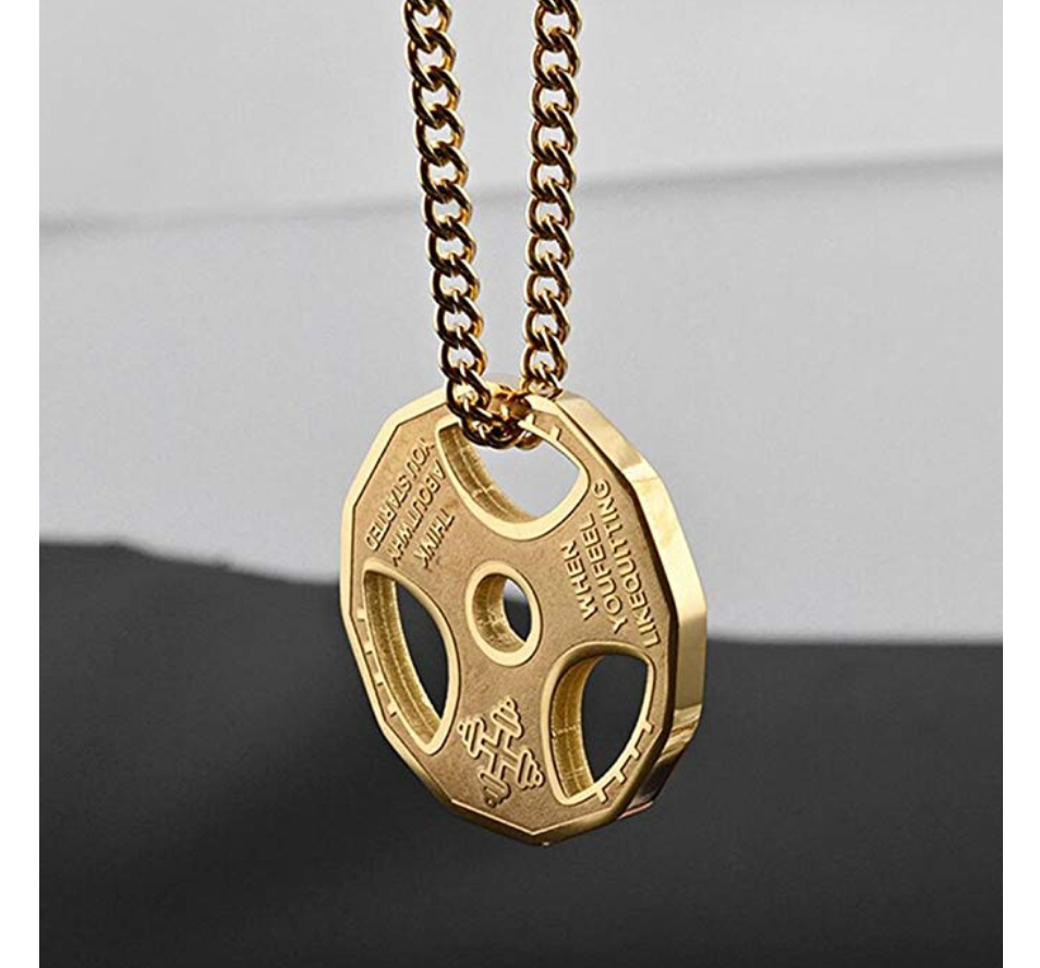 Gym Necklace Weight Plate Barbell Exercise Workout Mr. Olympia Dumbbell Gold Silver Stainless Steel Bodybuilding Chain 24in.