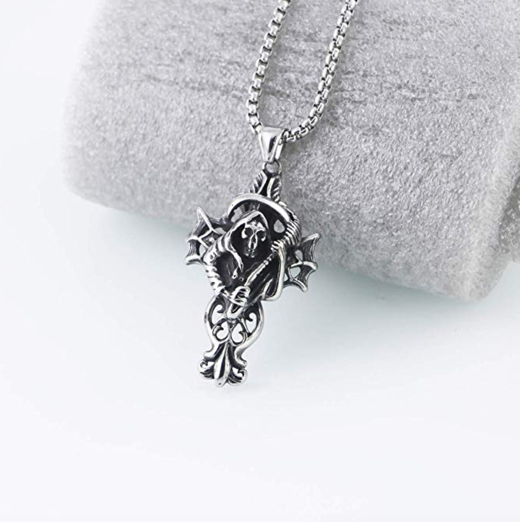 Stainless Steel Demon Grim Reaper Necklace Death Chain Gift Witch Devil Necklace Cross Scary Necklace 24in.