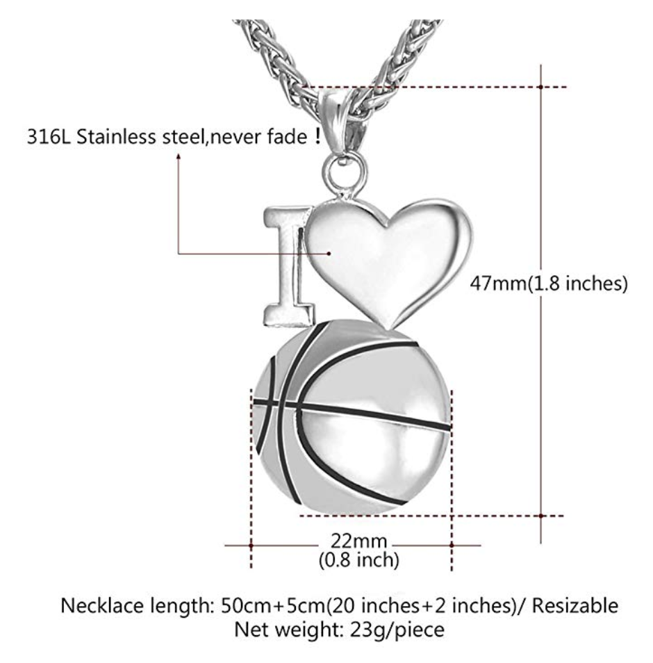 I Love Basketball Necklace NBA Gift Pendant Sports Heart Basketball Chain 22in.