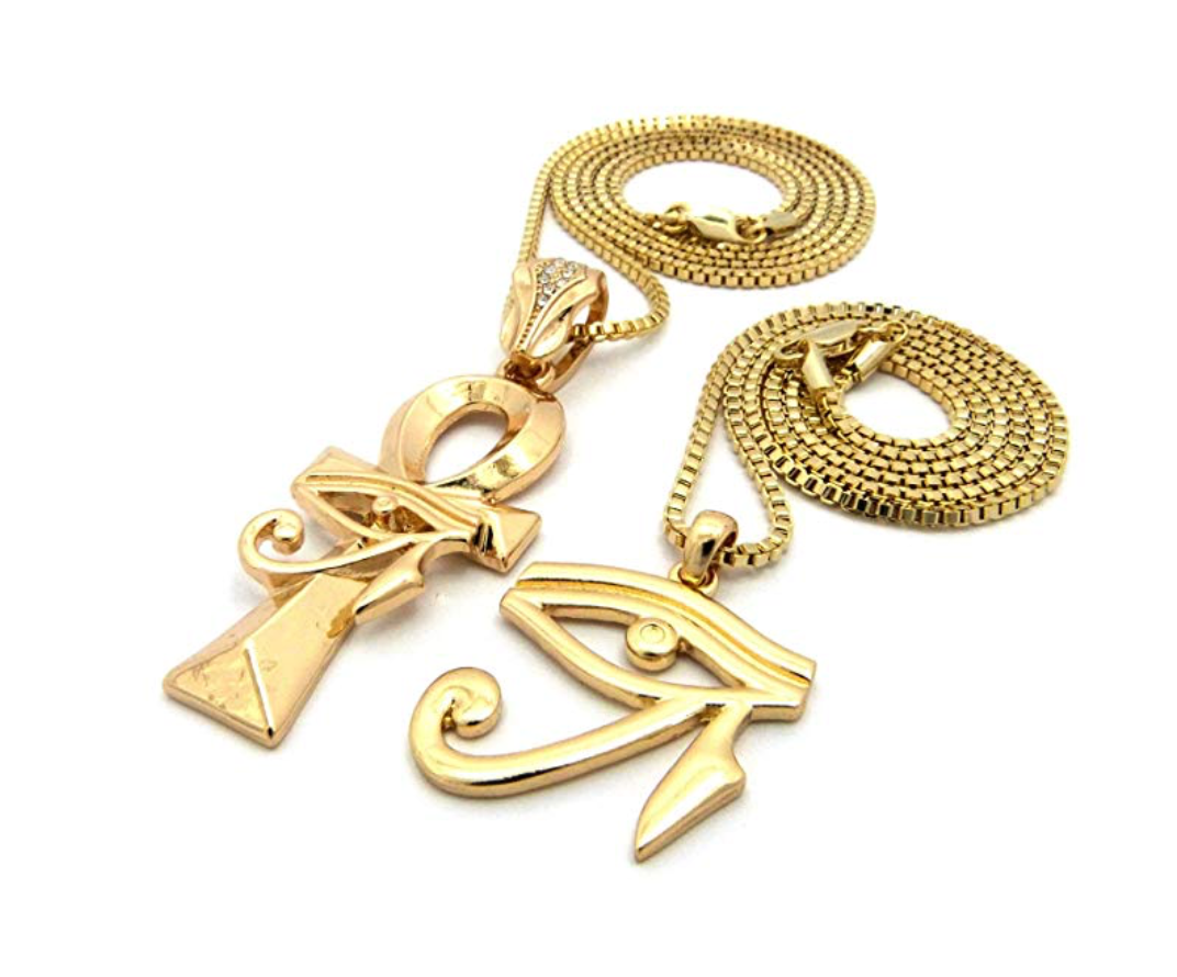 Ankh & Eye of Horus Necklace Ankh Pharaoh Egypt Necklace Simulated Diamonds Gold Color Metal Alloy Chain 24in.