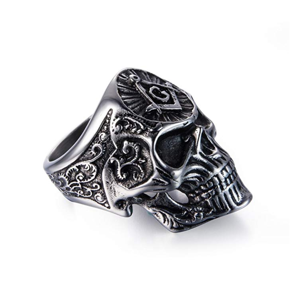 Silver Gold  Stainless Steel Freemason Skull Ring Masonic Skull Head Ring Square & Compass Mason Jewelry Gift