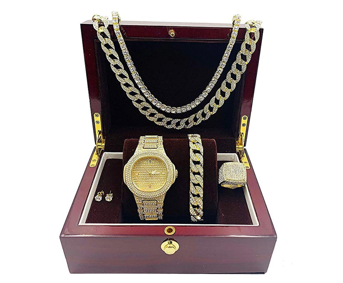 Gold Color Watch Simulated Diamond Watch Bundle Bracelet Cuban Link Necklace Tennis Chain Ring Earrings Gift Set