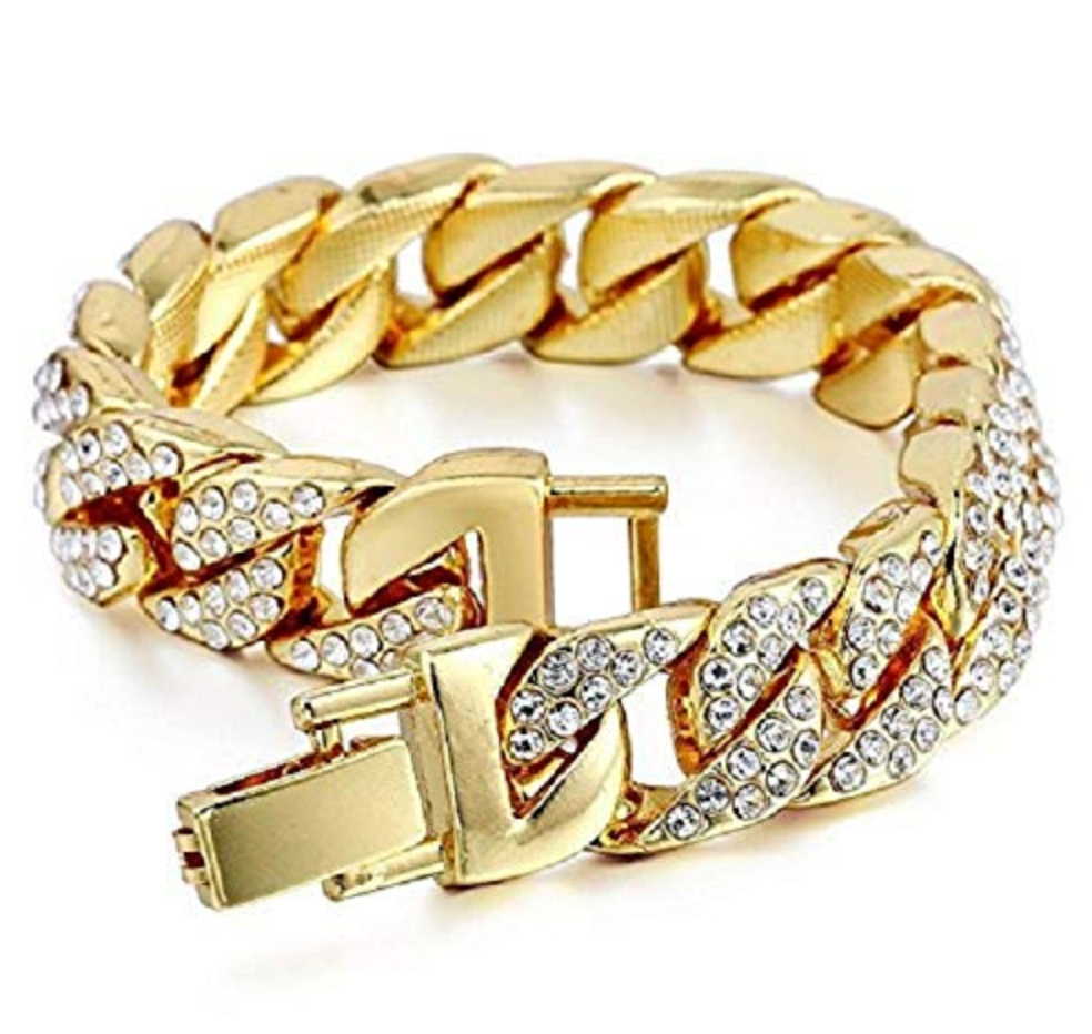 Gold Color Watch Simulated Diamond Watch Bundle Bracelet Cuban Link Necklace Tennis Chain Ring Earrings Gift Set