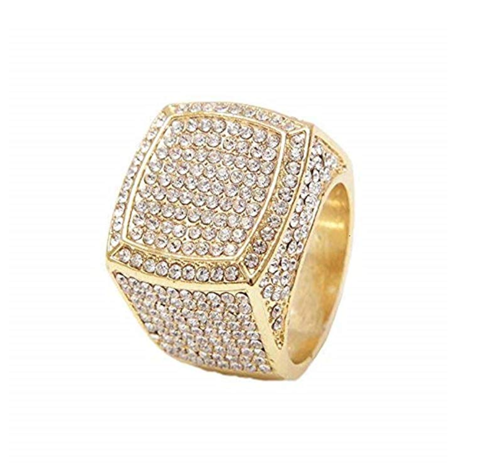 Gold Color Watch Simulated Diamond Bundle Cuban Bracelet Tennis Necklace Bust Down Ring Set