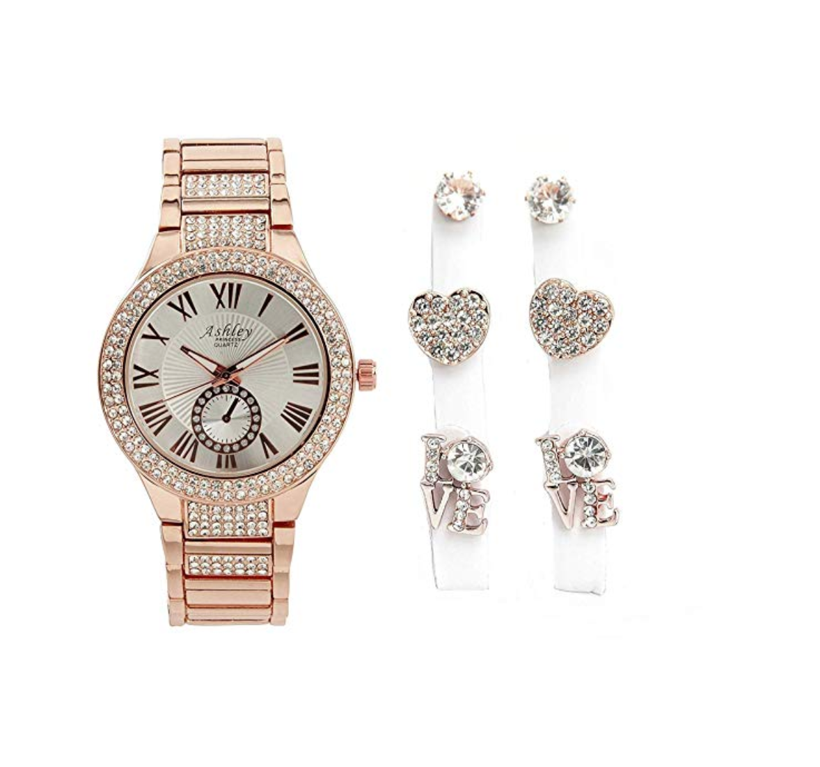 Women's Rose Gold Diamond Watch Set Heart Earring Studs Silver Gift Mother Wife Jewelry Bundle