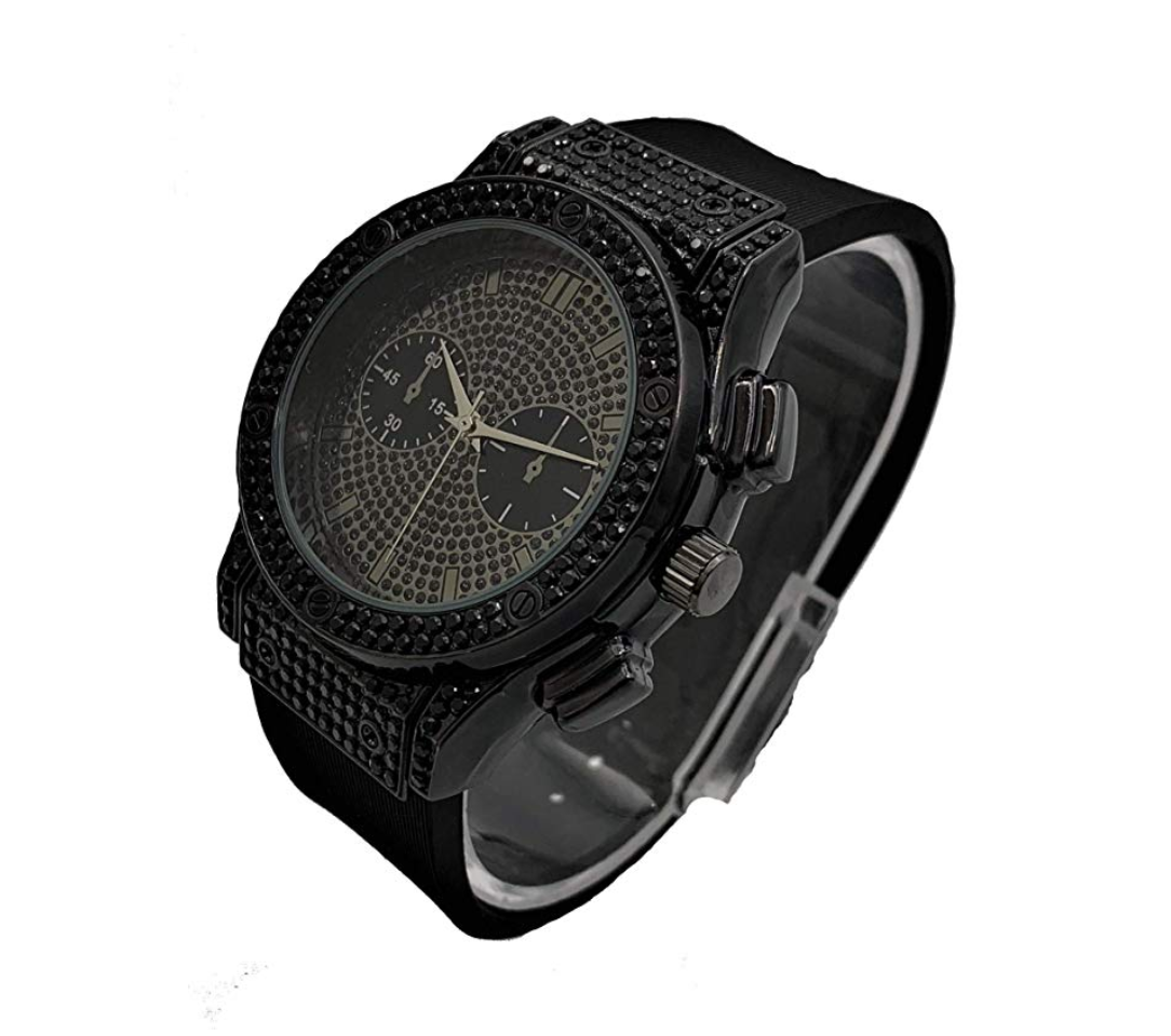 Black Simulated Diamond Chronograph Watch Set Cuban Link Bracelet Hip Hop Jewelry Bling Bundle