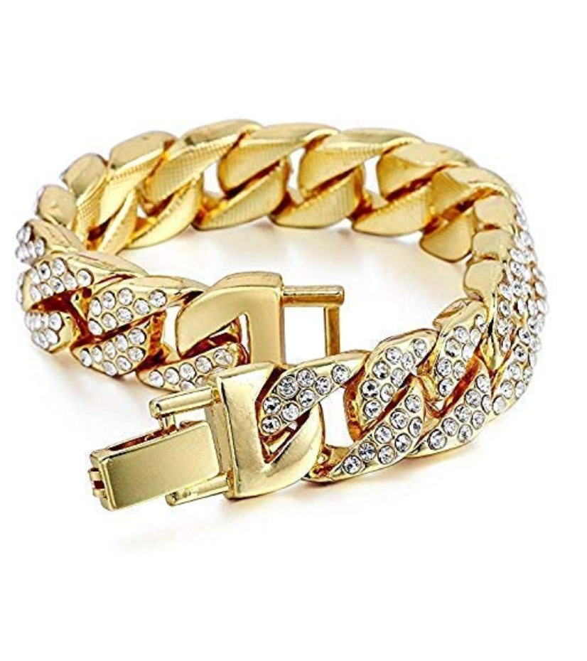 Blue Face Watch Gold Color Simulated Diamond Cuban Link Necklace Bracelet Set Tennis Chain Watch Earring Bundle