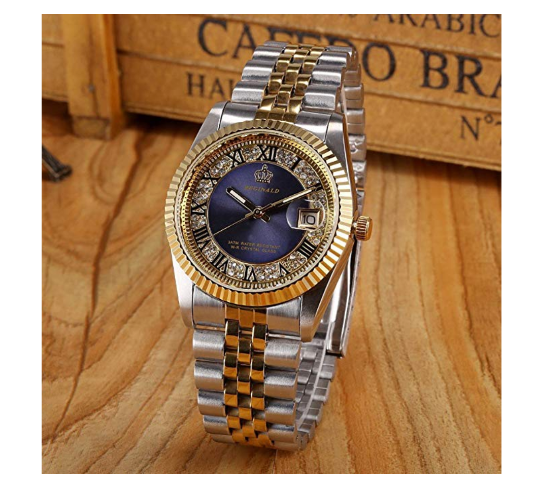 Blue Face Dress Watch Gold Silver Tone Watch Simulated Diamond Dial Watch 2-Tone Datejust Dress Watch Gift
