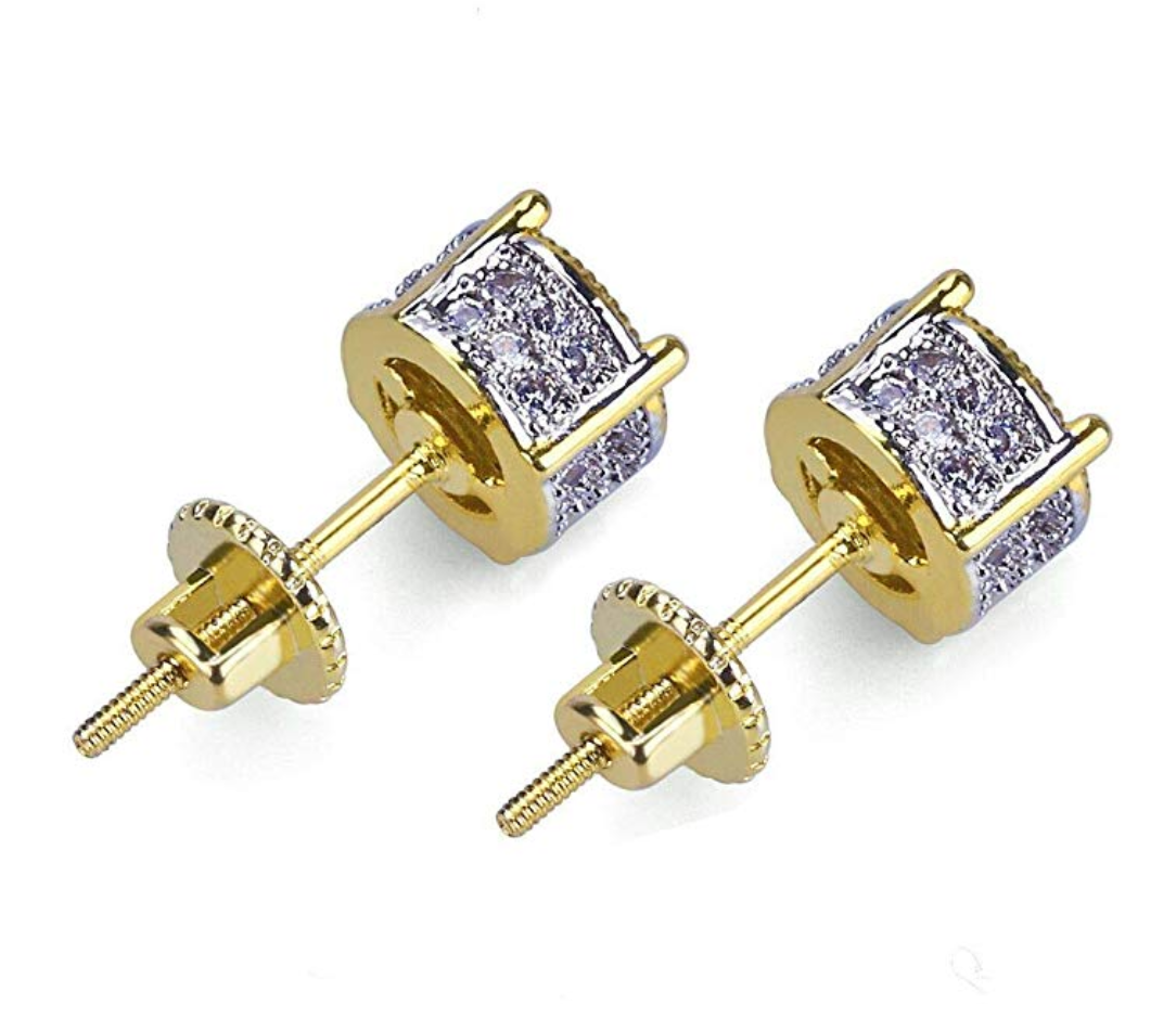 7mm Gold 925 Sterling Silver Round Bullet Earrings Diamond Mens Hip Hop Earrings Circle Screw Back Iced Out