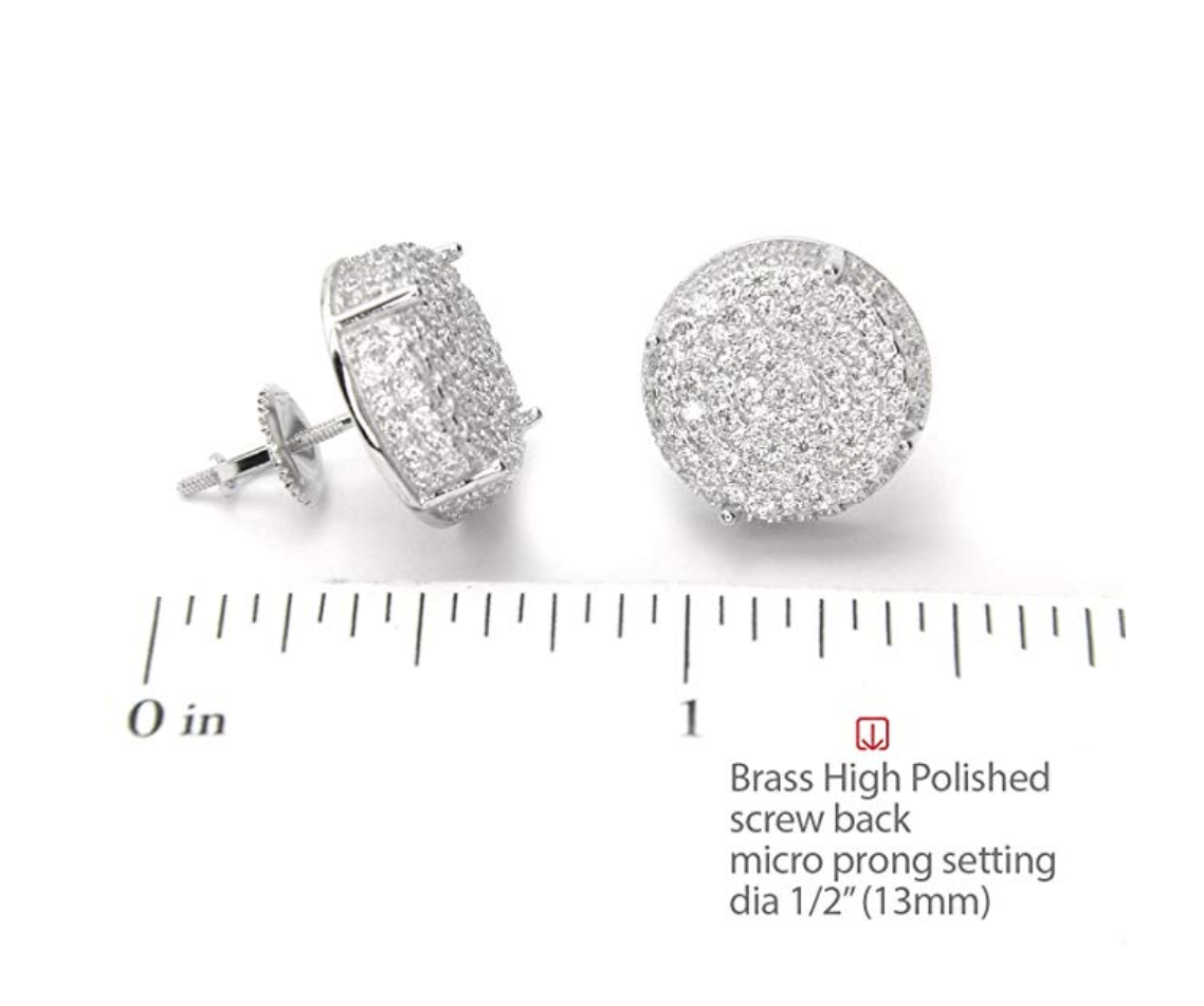 10mm Big Circle Earrings Silver Gold Diamond Hip Hop Earring Mens Solitaire Round Stud Screw Back Earrings Iced Out