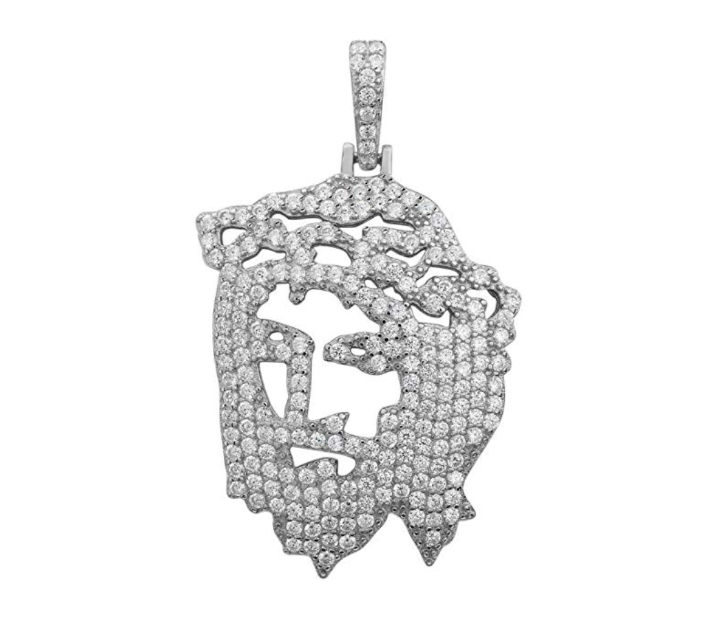 Jesus Face Simulated Diamond Chain Jesus Necklace Piece Hip Hop Jewelry Jesus Face Gold Silver Color Metal Alloy 24in.