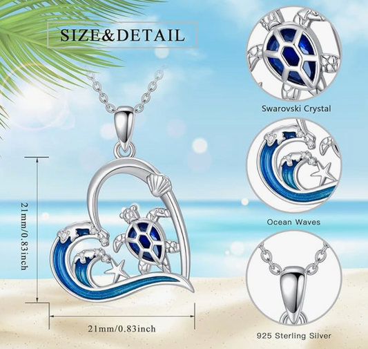 Turtle Wave Heart Blue Water Necklace Blue Opal Love Pendant Beach Ocean Tropical Sea Turtle Necklace Tortoise Jewelry Hawaiian Chain Gift 925 Sterling Silver 20in.
