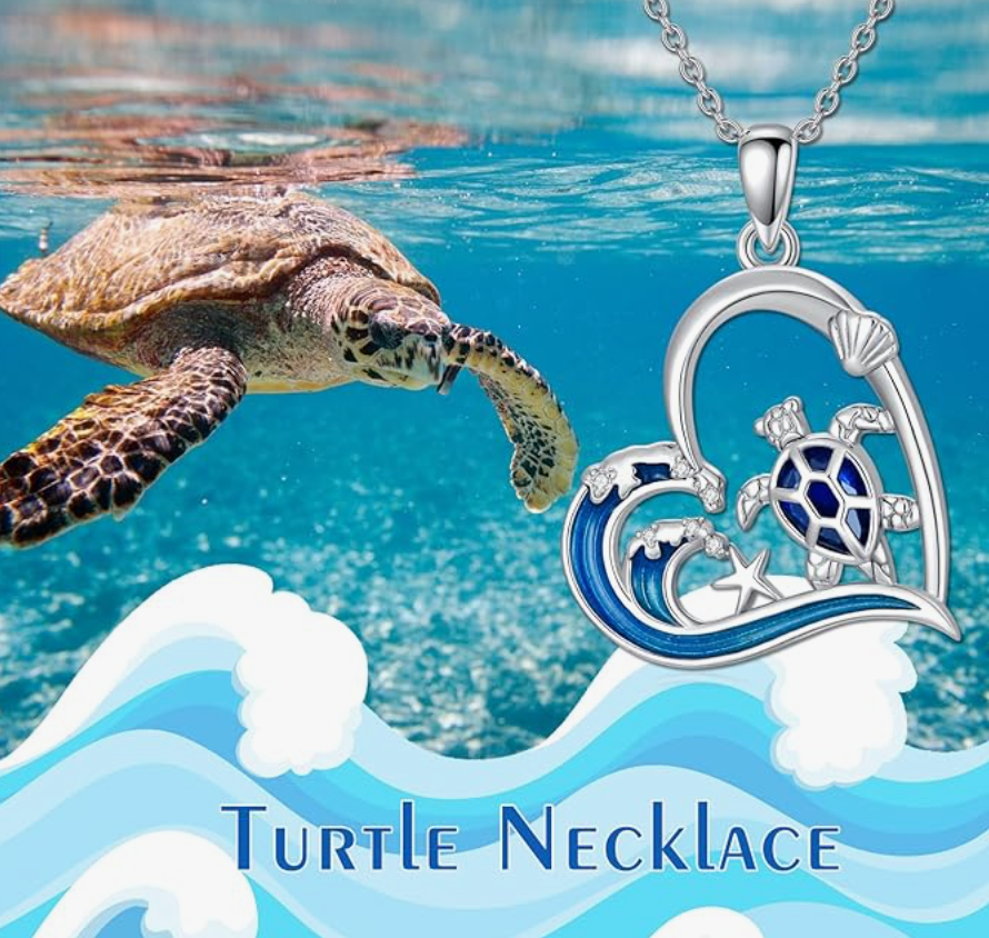 Turtle Wave Heart Blue Water Necklace Blue Opal Love Pendant Beach Ocean Tropical Sea Turtle Necklace Tortoise Jewelry Hawaiian Chain Gift 925 Sterling Silver 20in.