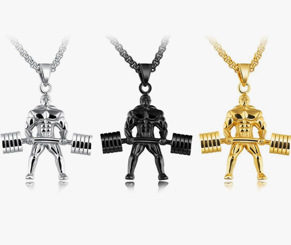 Strongman Gym Dumbbell Bodybuilding Necklace Exercise Workout Pendant Mr. Olympia Chain Gold Stainless Steel 24in.