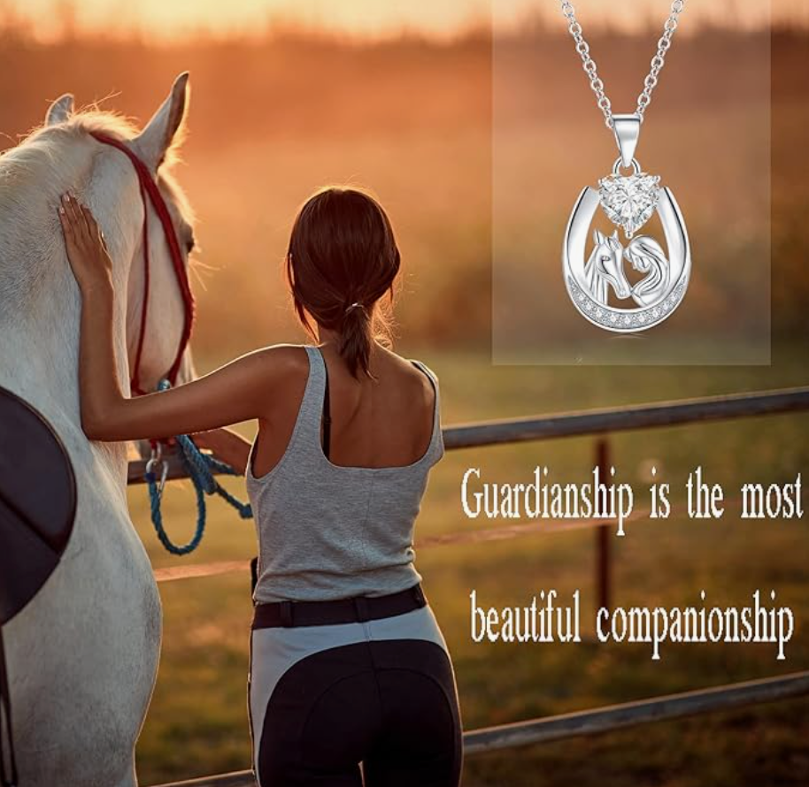 Cute Horseshoe Love Pendant Diamond Heart Necklace Horse Farmer Jewelry Woman Girl 925 Sterling Silver Chain 20in.