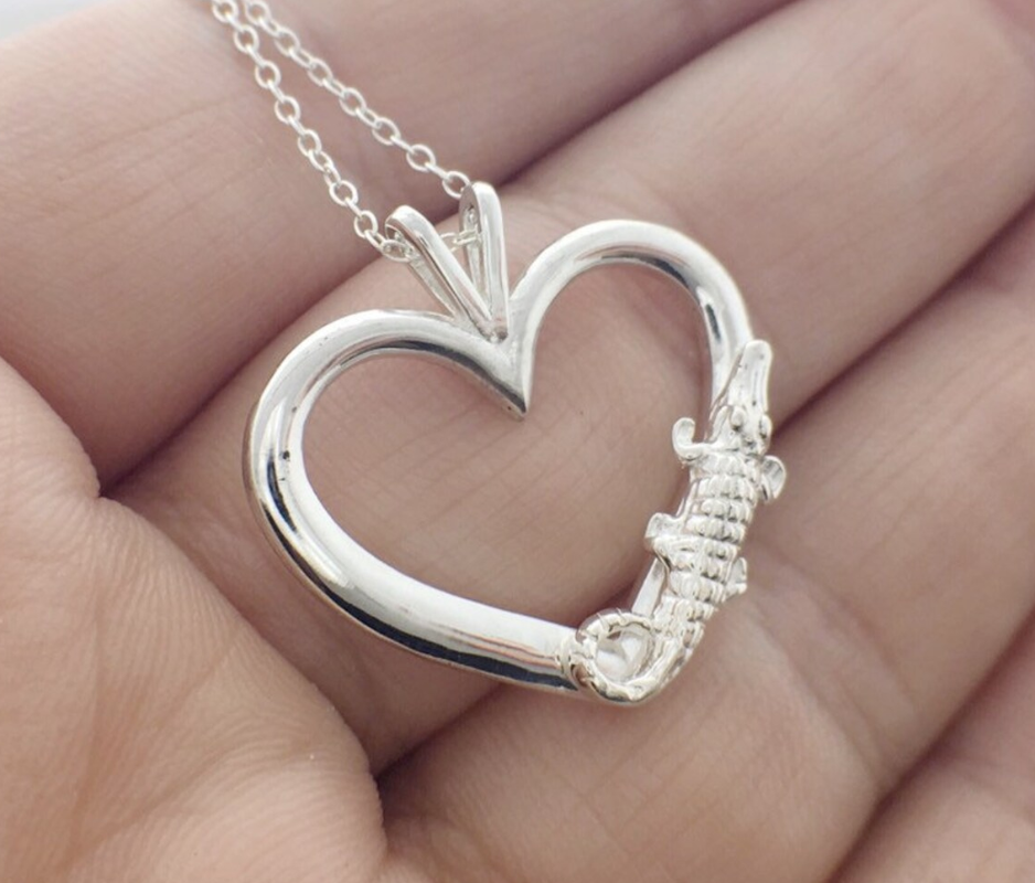 Alligator Heart Pendant Love Crocodile Necklace Lizard Charm Family Gator Jewelry Birthday Gift 925 Sterling Silver Chain 20in.