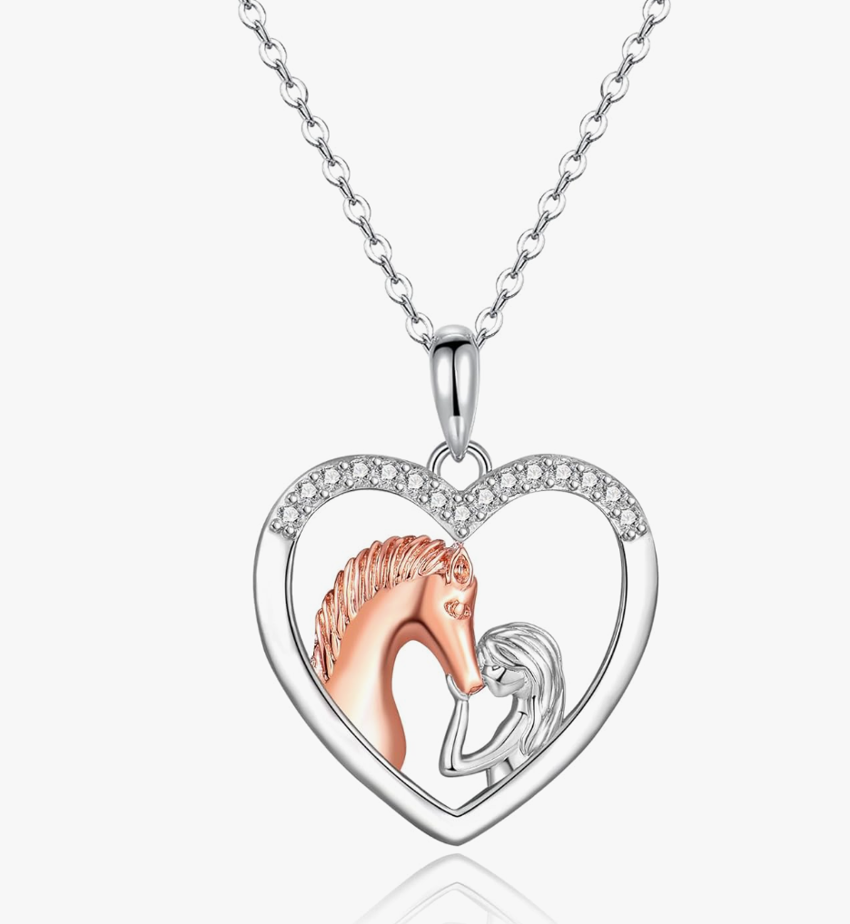 Girls Cute Horse Heart Diamond Necklace Love Pendant Horse Farmer Jewelry Birthday Gift 925 Sterling Silver Chain 20in.