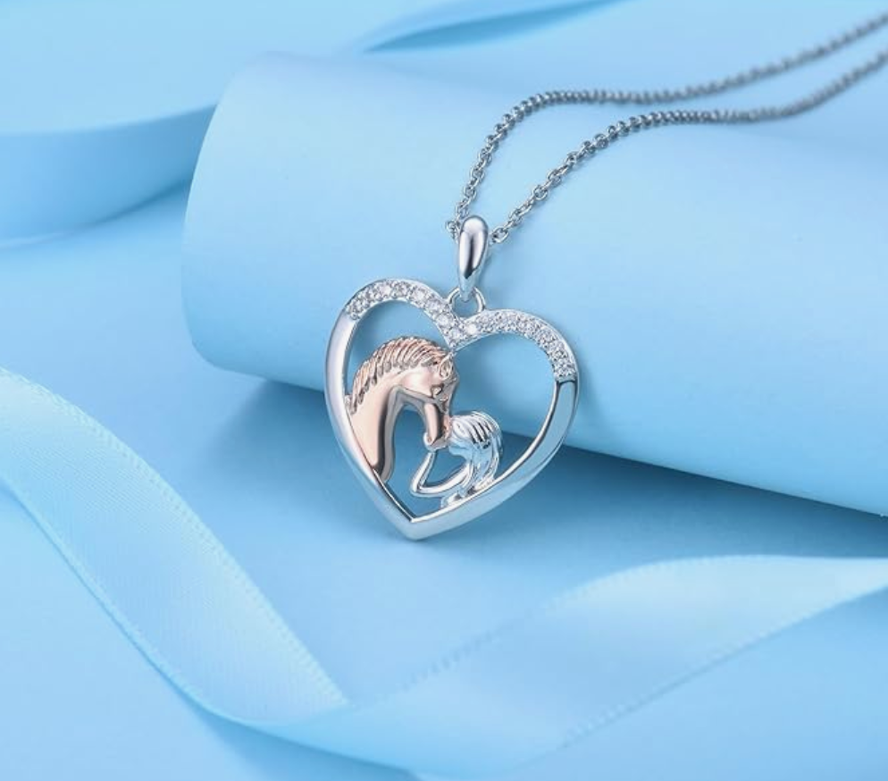 Girls Cute Horse Heart Diamond Necklace Love Pendant Horse Farmer Jewelry Birthday Gift 925 Sterling Silver Chain 20in.
