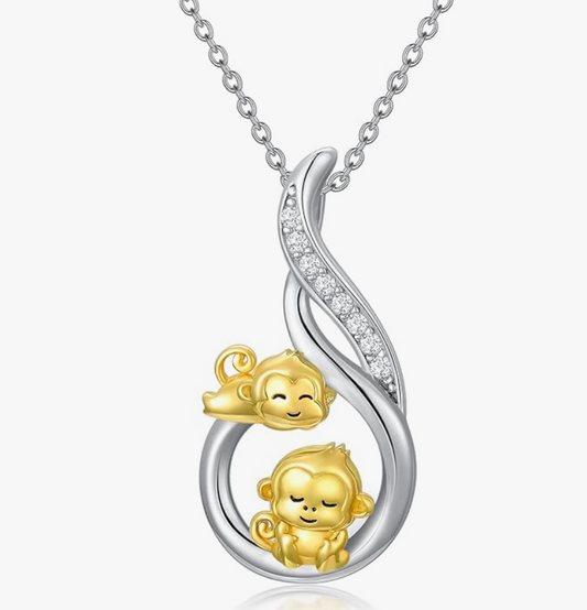 Monkey Family Necklace Diamond Pendant Baby Monkey Jewelry Chain Birthday Gift 925 Sterling Silver 20in.