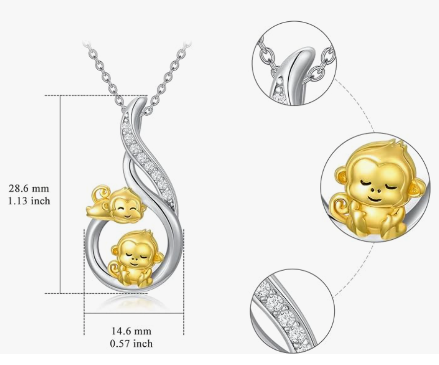 Monkey Family Necklace Diamond Pendant Baby Monkey Jewelry Chain Birthday Gift 925 Sterling Silver 20in.