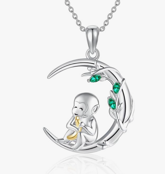 Monkey Moon Necklace Diamond Pendant Monkey Banana Jewelry Chain Birthday Gift 925 Sterling Silver 20in.