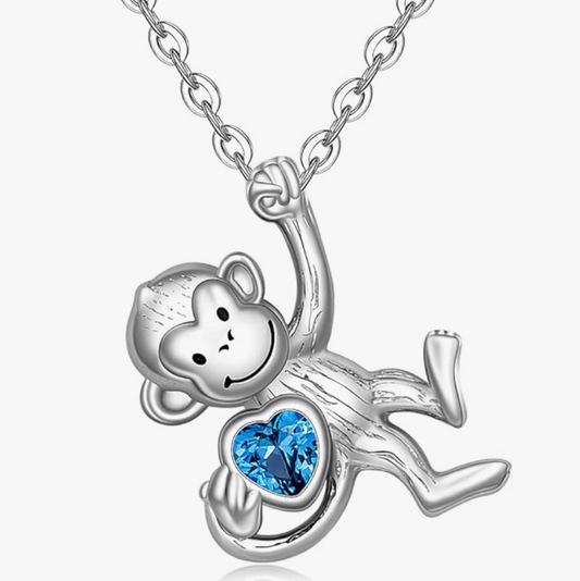 Blue Heart Monkey Love Necklace Diamond Pendant Monkey Hanging Jewelry Chain Birthday Gift 925 Sterling Silver 20in.