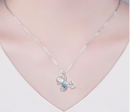 Blue Heart Monkey Love Necklace Diamond Pendant Monkey Hanging Jewelry Chain Birthday Gift 925 Sterling Silver 20in.