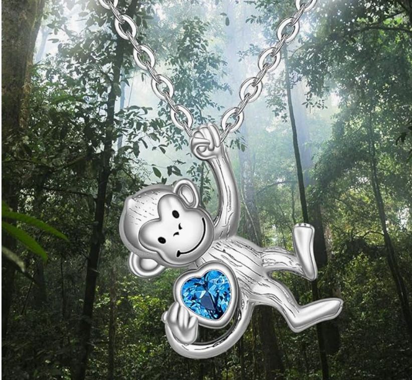 Blue Heart Monkey Love Necklace Diamond Pendant Monkey Hanging Jewelry Chain Birthday Gift 925 Sterling Silver 20in.