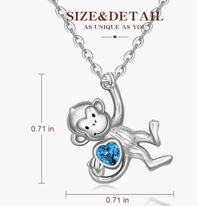 Blue Heart Monkey Love Necklace Diamond Pendant Monkey Hanging Jewelry Chain Birthday Gift 925 Sterling Silver 20in.