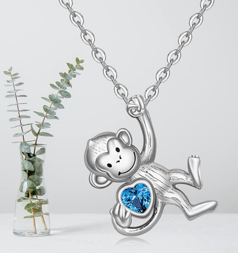 Blue Heart Monkey Love Necklace Diamond Pendant Monkey Hanging Jewelry Chain Birthday Gift 925 Sterling Silver 20in.