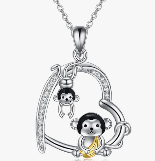 Monkey Heart Love Necklace Diamond Pendant Monkey Baby Hanging Banana Jewelry Chain Birthday Gift 925 Sterling Silver 20in.
