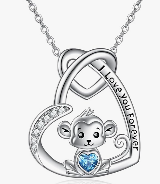 Monkey Love Blue Heart Necklace Diamond Pendant Monkey Jewelry Chain Birthday Gift 925 Sterling Silver 20in.