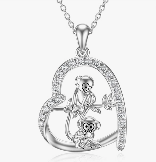 Monkey Family Tree Necklace Heart Love Diamond Pendant Baby Monkey Hanging Jewelry Chain Birthday Gift 925 Sterling Silver 20in.